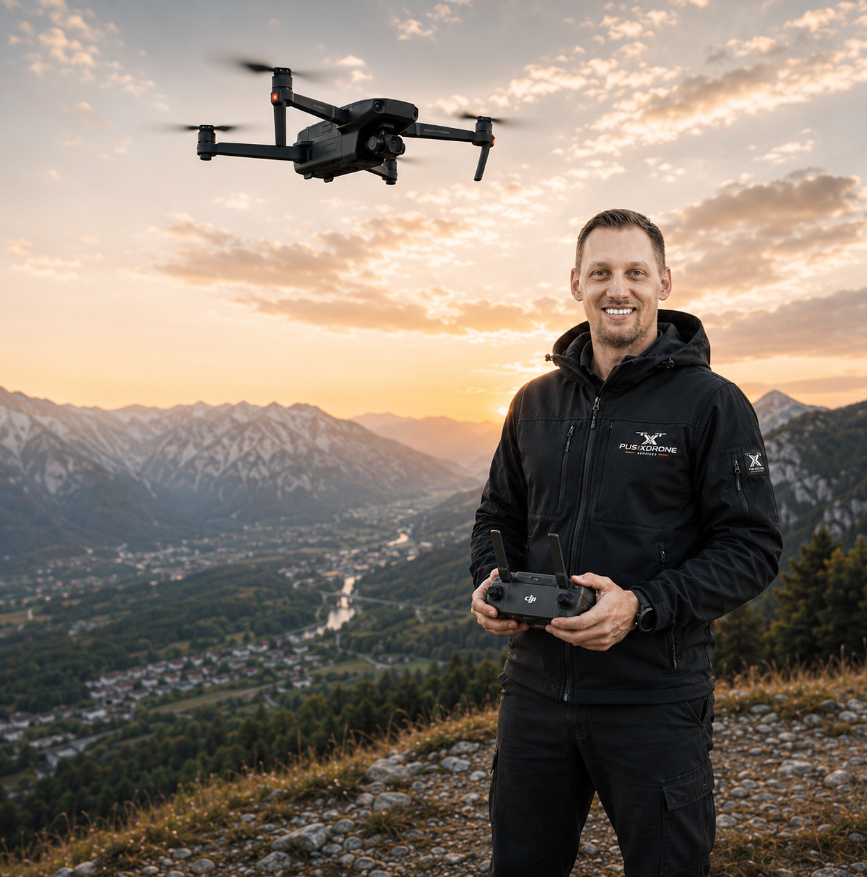 Drohnenpilot mit DJI-Fernsteuerung und Drohne im Einsatz in den Bergen