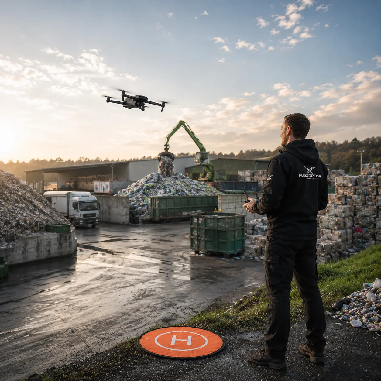 Drohnenpilot von PUS XDRONE Services im Einsatz auf einem Betriebsgelände